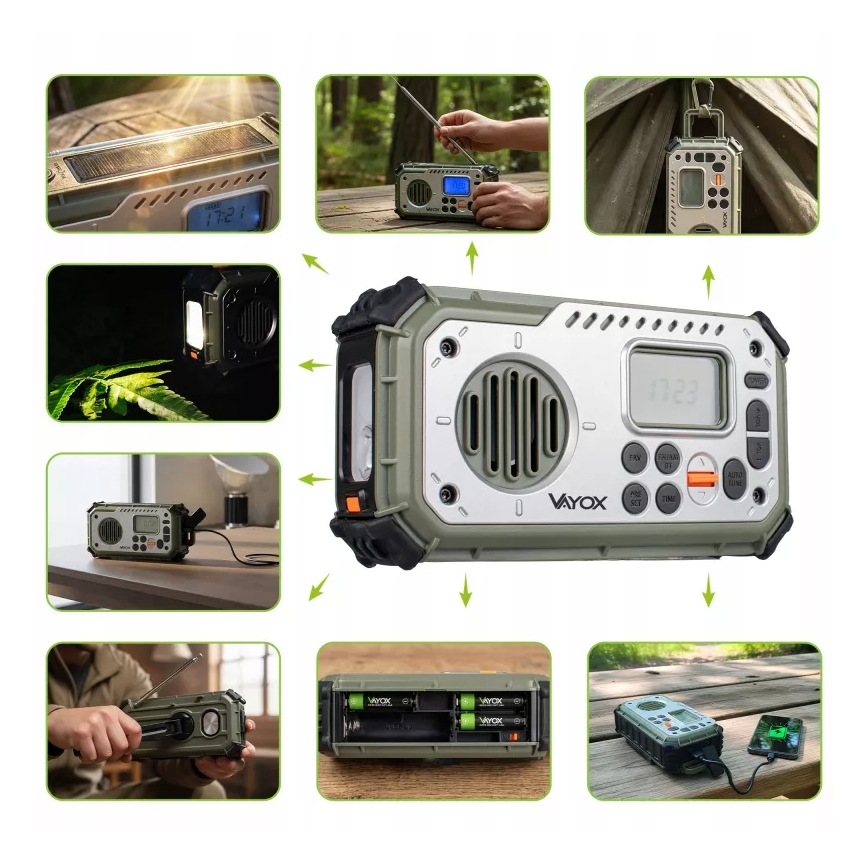 Radio de camping à manivelle avec panneau solaire et lampe LED dotée d'une fonction powerbank, 5V/3xAAA/2000 mAh, IPX4, vert