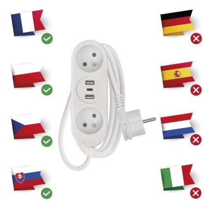 Câble d'extension 2 prises + 2x USB-A + USB-C 1,4 m