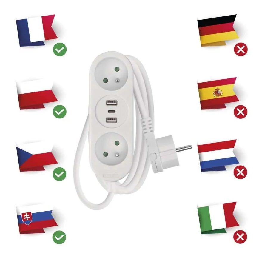 Câble d'extension 2 prises + 2x USB-A + USB-C 1,4 m