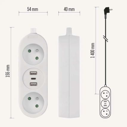 Câble d'extension 2 prises + 2x USB-A + USB-C 1,4 m