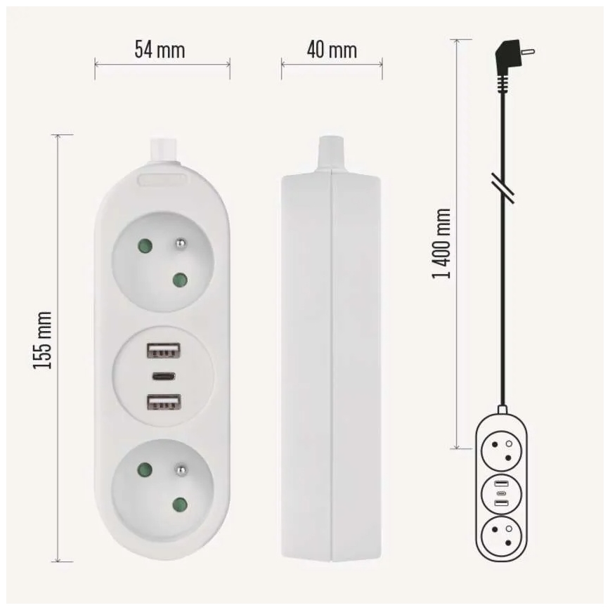 Câble d'extension 2 prises + 2x USB-A + USB-C 1,4 m