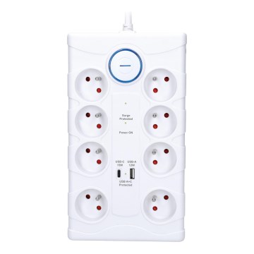 Rallonge avec interrupteur 8Z Type E + 1xUSB-A + 1xUSB-C 2m blanche
