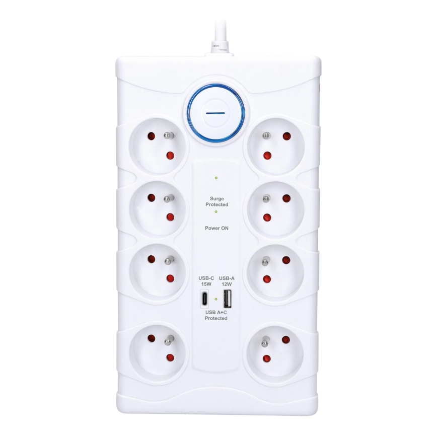 Rallonge avec interrupteur 8Z Type E + 1xUSB-A + 1xUSB-C 2m blanche