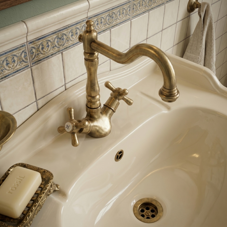 RAV Slezák MK121.0/8SM - Mitigeur évier/lavabo + bonde MORAVA RETRO 22,4 cm, laiton ancien