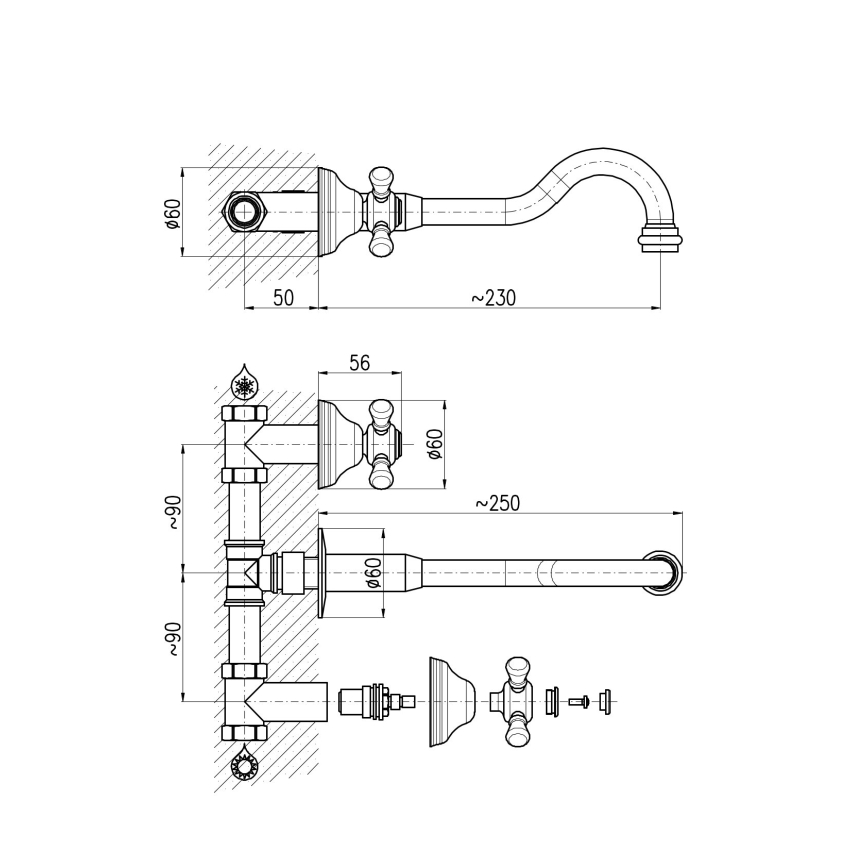 RAV Slezák MK131SM - Mitigeur de lavabo pour installation encastrée MORAVA RETRO en laiton vieilli