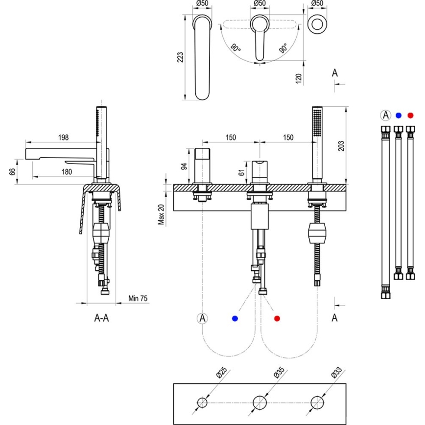 Ravak X070186 - Miscelatore per vasca a 3 fori PURI nero