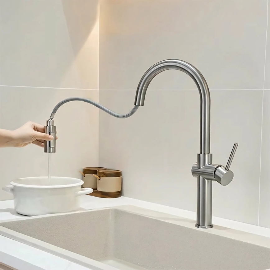 REA-B6330 - Mitigeur d'évier FRESH à douchette extractible, 45 cm, finition nickel