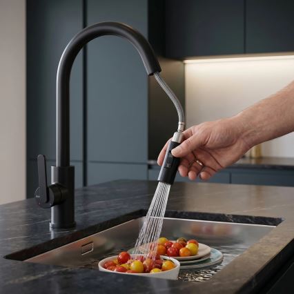REA-B6571 - Mitigeur d'évier à douchette extractible ONTARIO 38 cm noir