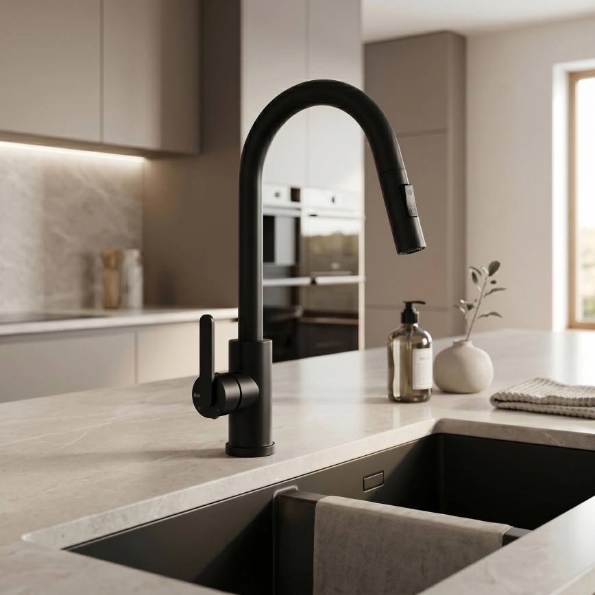 REA-B6571 - Mitigeur d'évier à douchette extractible ONTARIO 38 cm noir
