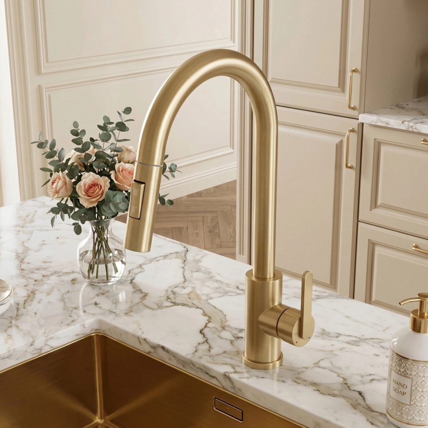 REA-B7575 - Küchenarmatur mit ausziehbarer Brause ONTARIO 38 cm, gebürstetes Gold