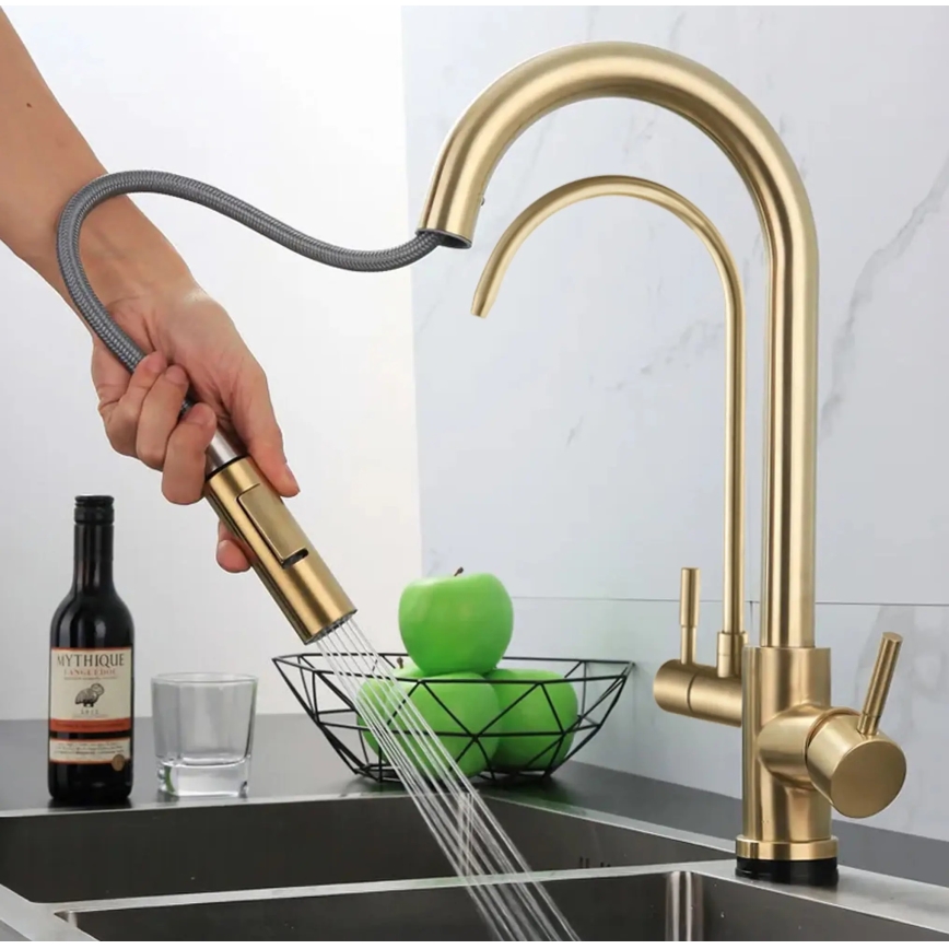 REA-B7596 - Miscelatore da cucina con doccetta estraibile e sistema di filtrazione ECO FRESH, 37,5 cm, finitura oro spazzolata