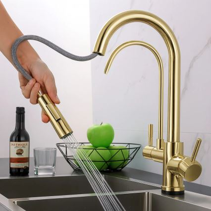 REA-B8989 - Miscelatore per lavello con doccetta estraibile e filtrazione ECO FRESH, 37,5 cm, finitura oro