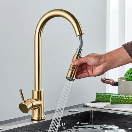 REA-B9148 - Mitigeur d'évier FRESH avec douchette extractible, 39,5 cm, finition dorée brossée