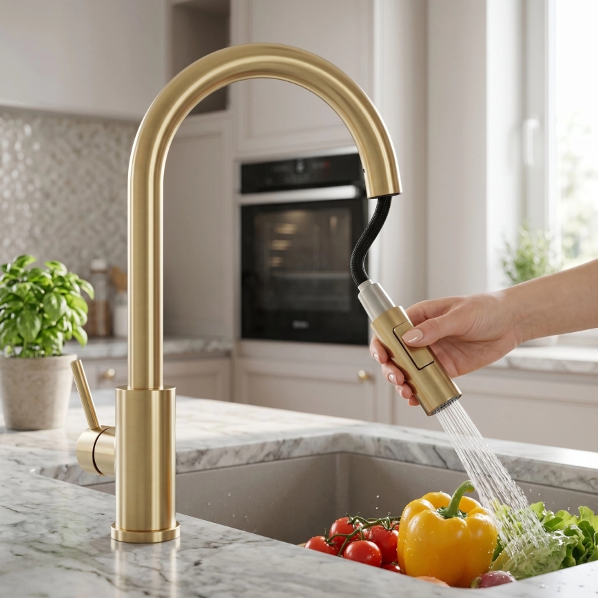REA-B9842 - Miscelatore per lavello touch con doccetta estraibile FRESH TOUCH 37 cm 4xAA oro spazzolato