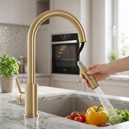REA-B9842 - Mitigeur d'évier tactile avec douchette extractible FRESH TOUCH 37 cm, 4x AA, finition or brossé