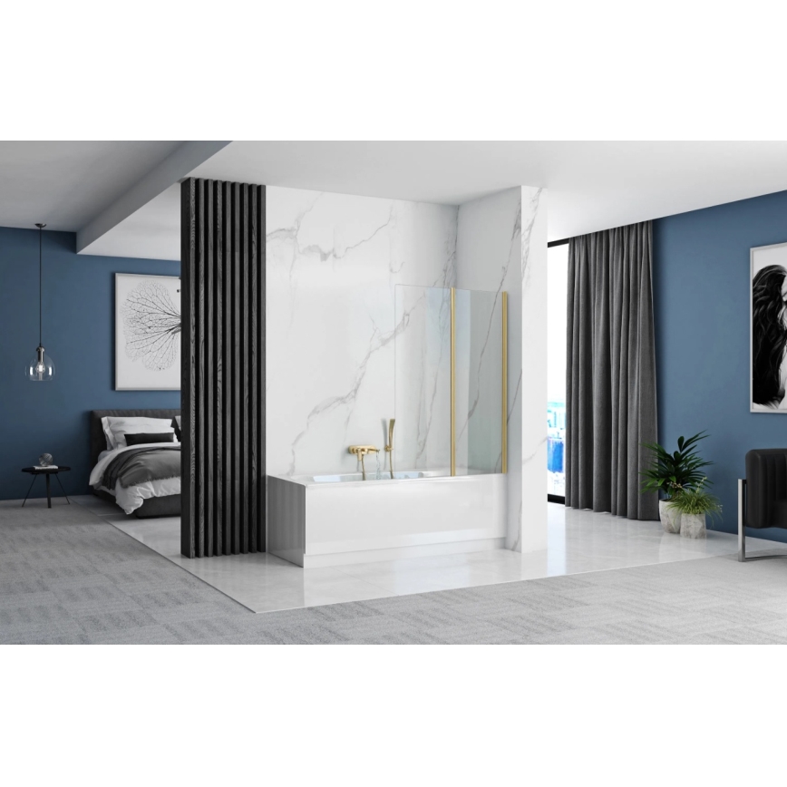 REA-K9777 - Pannello doccia pieghevole per vasca AGAT 140x100 cm, finitura oro spazzolato/vetro trasparente