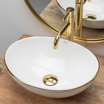 REA-U3287 - Lavabo da appoggio SOFIA 34,5x41 cm in ceramica/bianco lucido/oro
