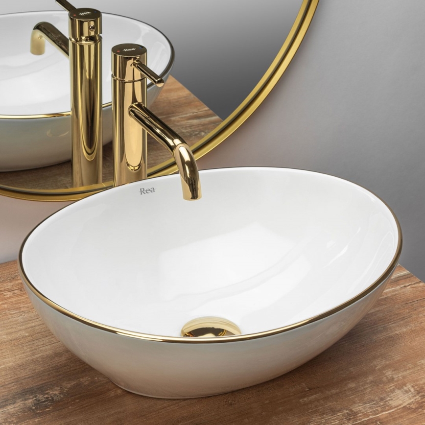 REA-U3287 - Lavabo da appoggio SOFIA 34,5x41 cm in ceramica/bianco lucido/oro