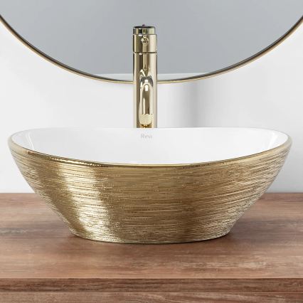 REA-U3697 - Lavabo da appoggio SOFIA 34,5x41 cm ceramica/bianco/oro spazzolato