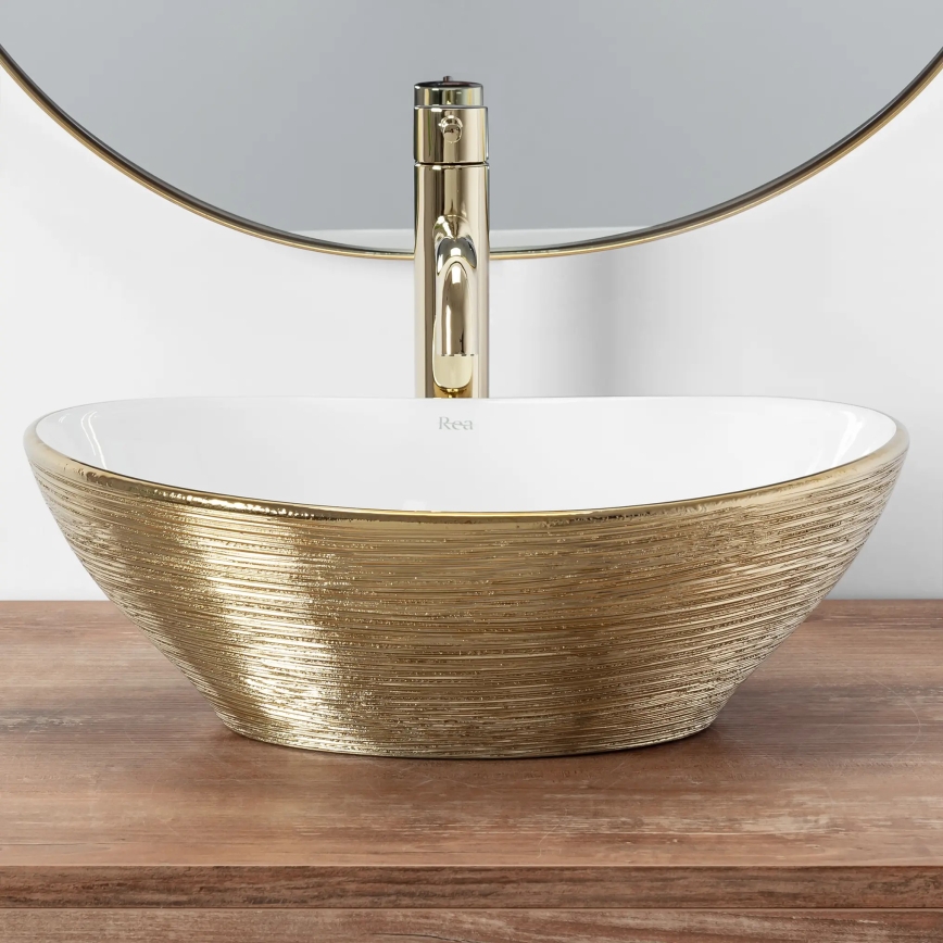 REA-U3697 - Lavabo da appoggio SOFIA 34,5x41 cm ceramica/bianco/oro spazzolato
