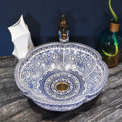 REA-U5666 - Vasque à poser VIVIEN Ø 42,5 cm en céramique, motif ornemental