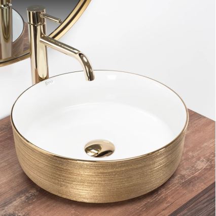REA-U6630 - Aufsatzwaschbecken SAMI Ø 36 cm Keramik/weiß/gebürstetes Gold
