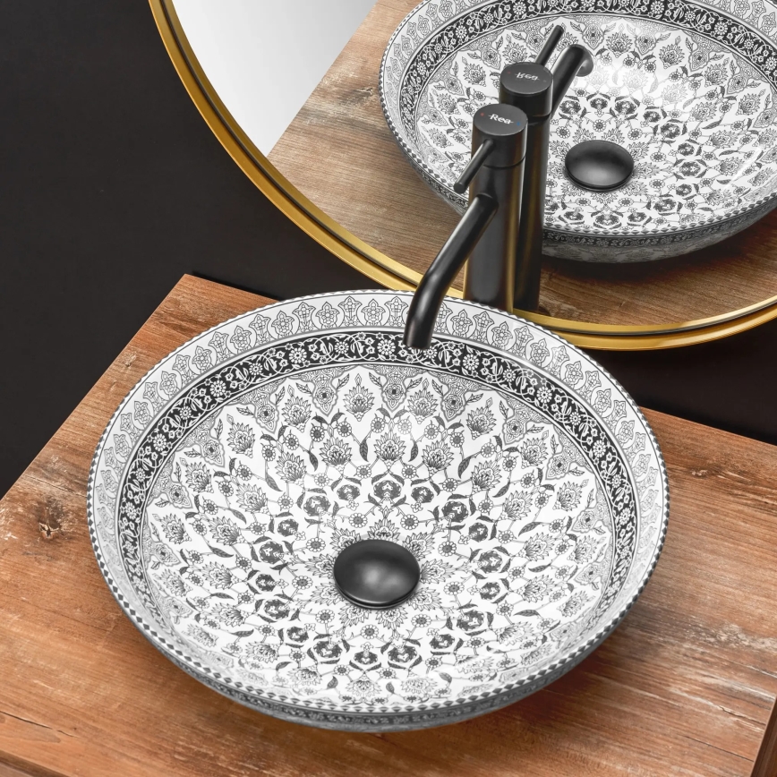 REA-U8002 - Lavabo da appoggio ARTE 40 cm in ceramica/bianco/nero