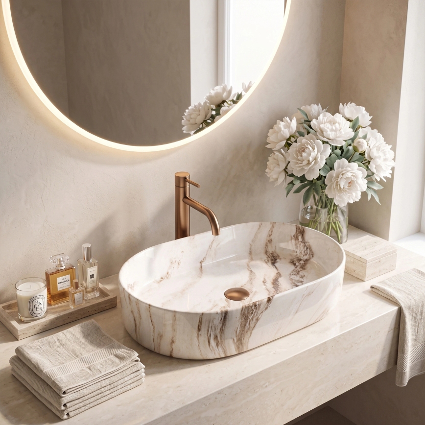 REA-U9239 - Lavabo da appoggio NADIA 38,5x61 cm ceramica/beige/effetto pietra