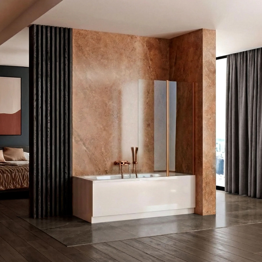 REA-W5696 - Paroi de baignoire pliante AGAT 140 x 80 cm, cadre en cuivre brossé / verre transparent