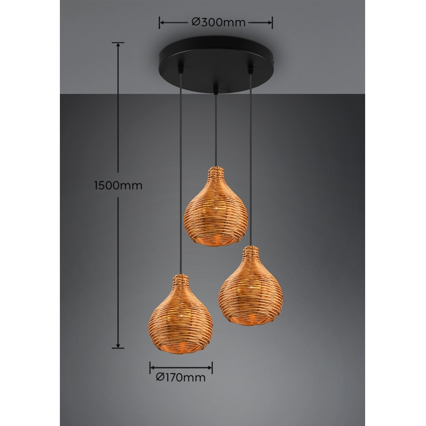 Reality - Suspension sur câble SPROUT 3xE14/40W/230V marron/rotin