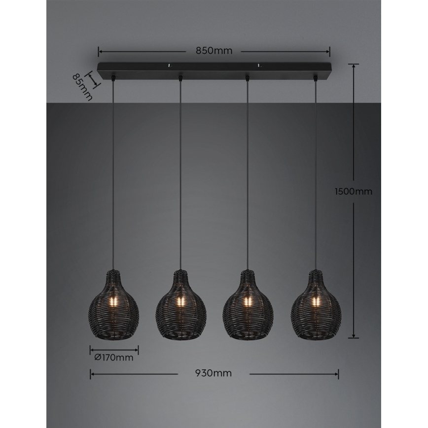 Reality - Suspension sur câble SPROUT 4xE14/30W/230V noir/rotin