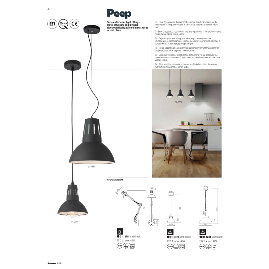 Redo 01-1282 - Lampadario a sospensione su cavo PEEP 1xE27/42W/230V Ø 34,5 cm, bianco