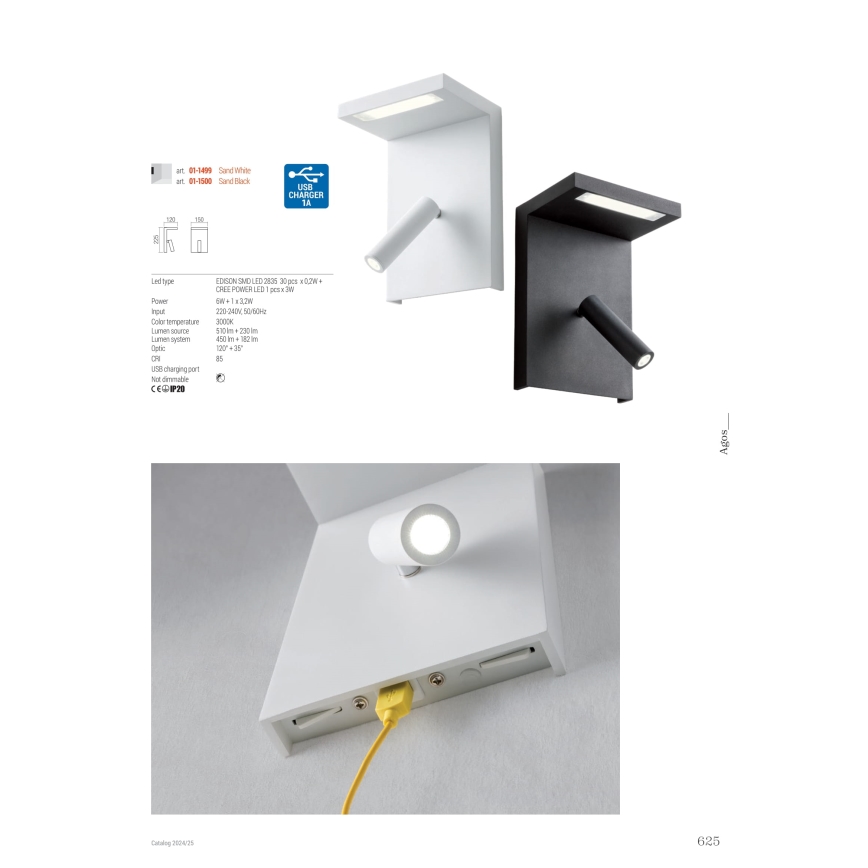 Redo 01-1499 - LED-Wandstrahler AGOS LED/6W/230V + LED/3,2W USB weiß