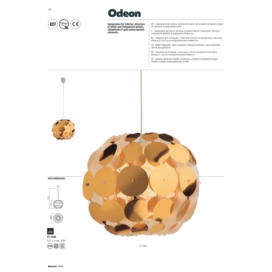 Redo 01-1508 - Hängeleuchte ODEON 1xE27/42W/230V d 36 cm golden