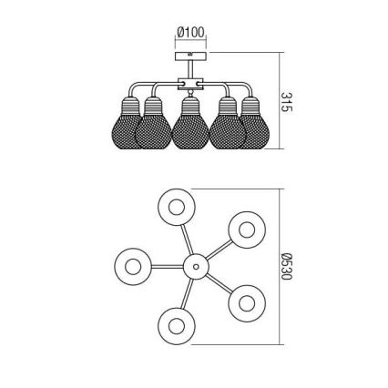Redo 01-1577 - Lampadario su asta EDISON 5xE27/42W/230V Ø 53 cm nero/rame