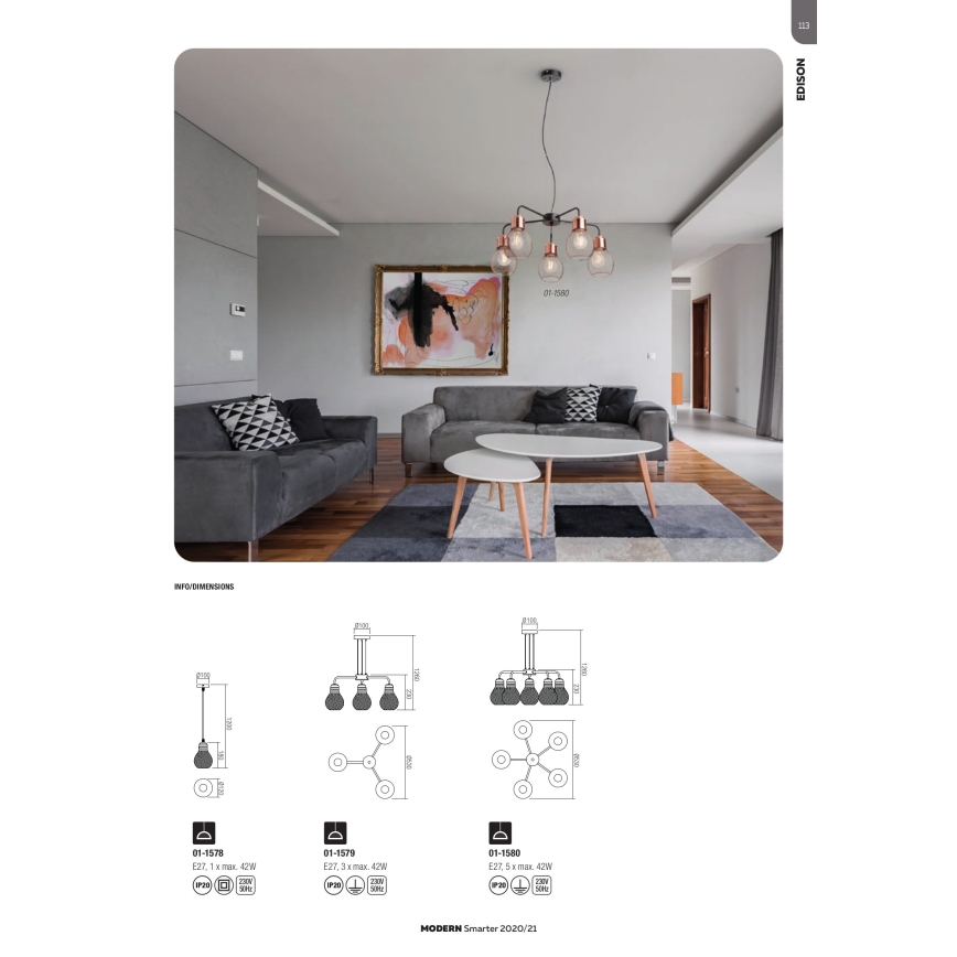 Redo 01-1580 - Suspension sur câble EDISON 5xE27/42W/230V Ø 53 cm noir/cuivré