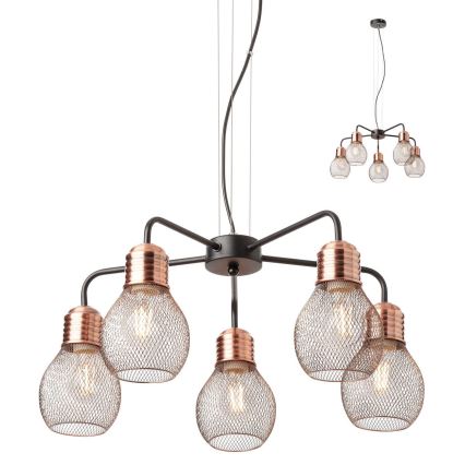Redo 01-1580 - Suspension sur câble EDISON 5xE27/42W/230V Ø 53 cm noir/cuivré