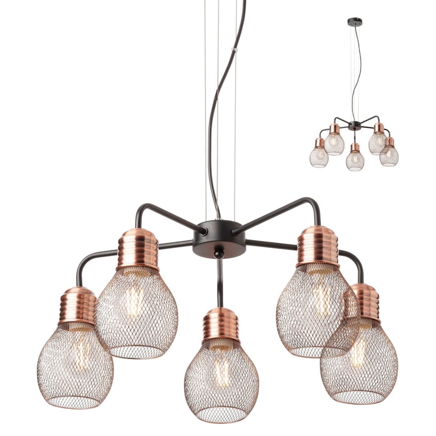 Redo 01-1580 - Suspension sur câble EDISON 5xE27/42W/230V Ø 53 cm noir/cuivré