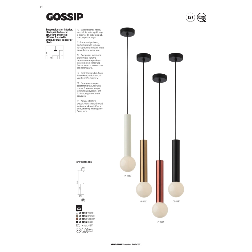 Redo 01-1661 - Hängeleuchte an Schnur GOSSIP 1xE27/42W/230V kupfern