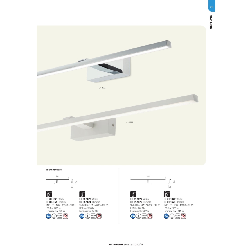 Redo 01-1672 - NEPTUNE LED-Spiegelleuchte für das Badezimmer, 12 W/230 V, 60 cm, IP44, glänzender Chrom