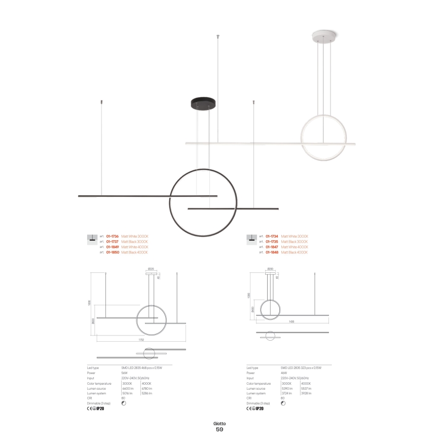 Redo 01-1734 - Lampadario a sospensione con filo LED dimmerabile GIOTTO LED/46W/230V bianco