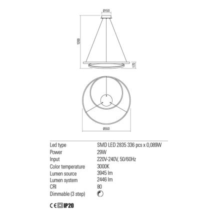Redo 01-1794 - Lampadario a sospensione con filo LED dimmerabile TORSION LED/29W/230V diametro 55 cm bronzo