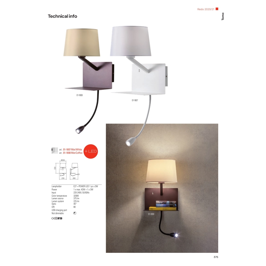 Redo 01-1807 - Applique murale LED TOMO avec liseuse flexible 1xE27/42W/230V + LED/3W/230V, blanche