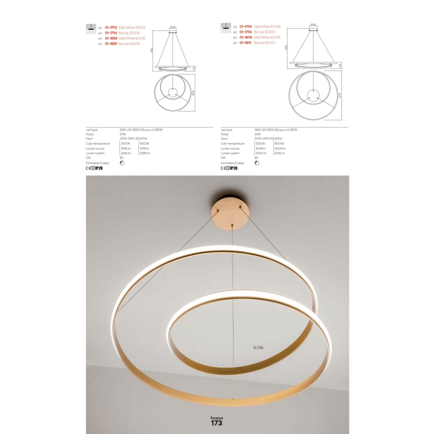 Redo 01-1889 - Lustre LED dimmable sur câble TORSION LED/29W/230V Ø 55 cm, bronze