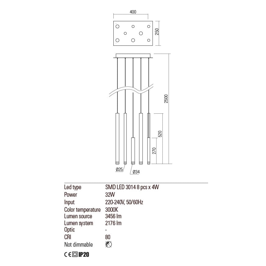 Redo 01-2046 - Suspension filaire MADISON 8xLED/4W/230V doré