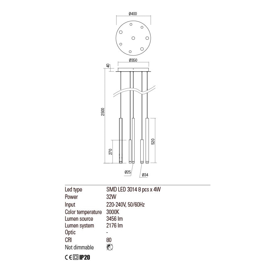 Redo 01-2050 - Lampadario LED a sospensione con filo MADISON 8xLED/4W/230V oro