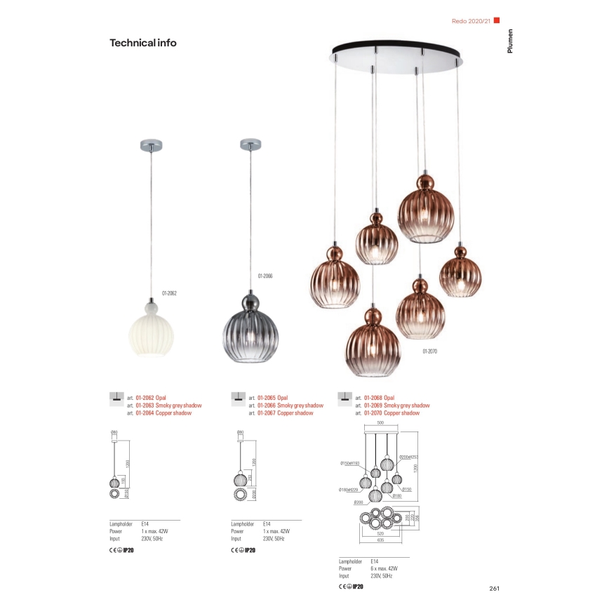 Redo 01-2064 - Suspension sur câble PLUMEN 1xE14/42W/230V Ø 15 cm cuivre