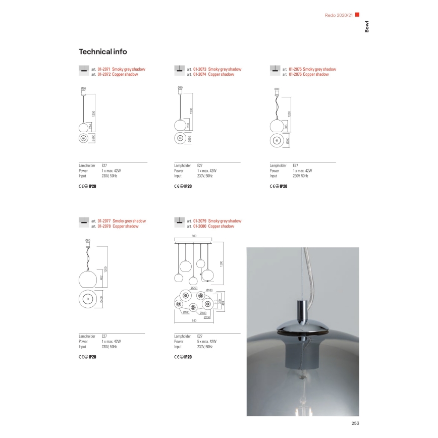 Redo 01-2079 - Lampadario a sospensione con filo BOWL 5xE27/42W/230V fumé