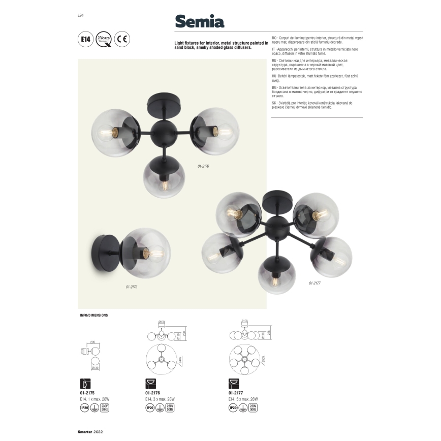 Redo 01-2175 - Lampada da parete SEMIA 1xE14/28W/230V nero/fumé