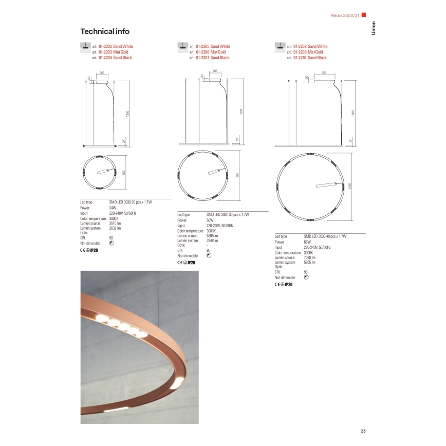 Redo 01-2209 - Suspension filaire UNION LED/68W/230V CRI 90 3000K d. 120 cm doré